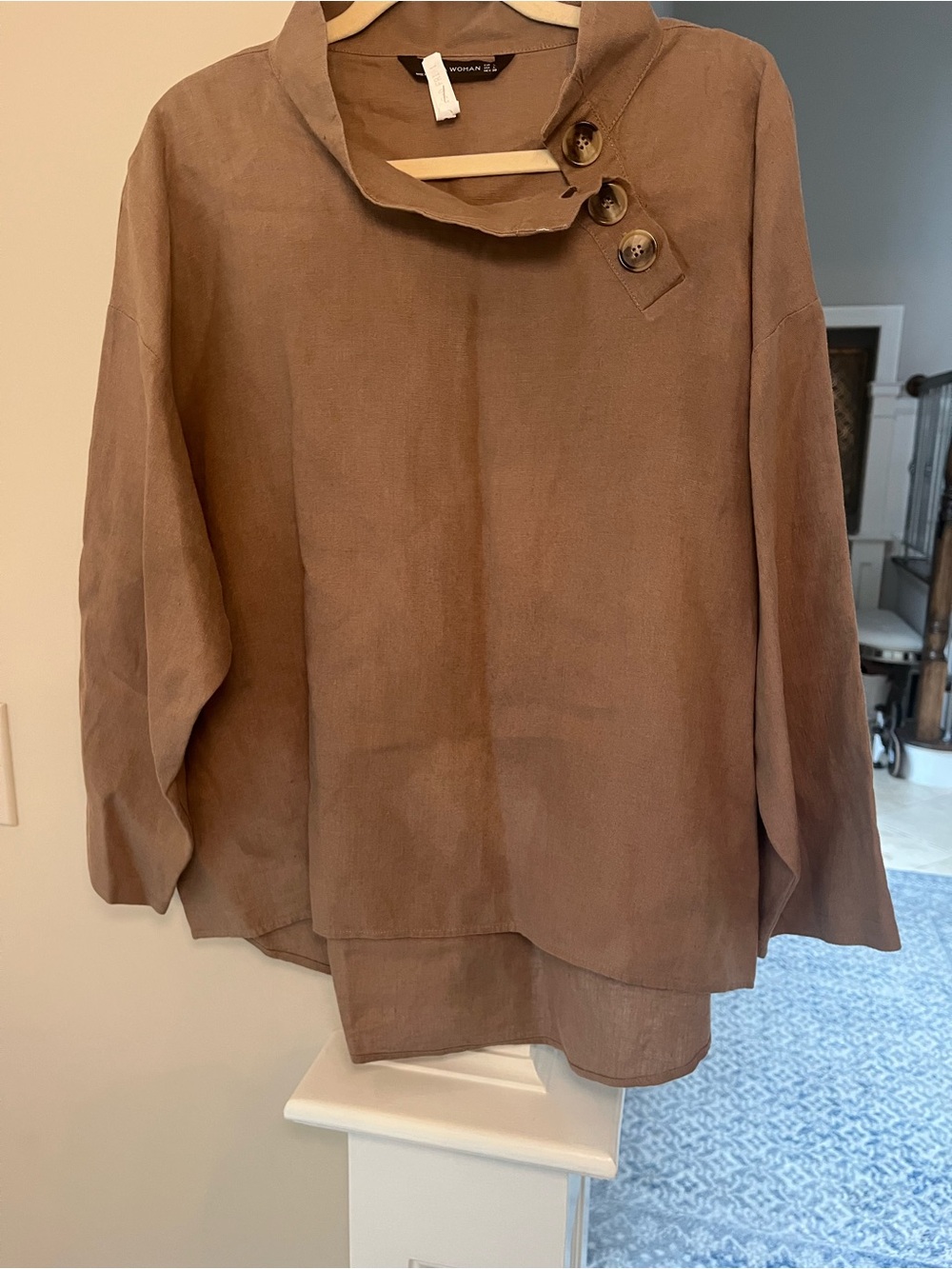 Zara Woman 100% Linen Blouse Large Taupe Button Neck Relaxed High Low Top